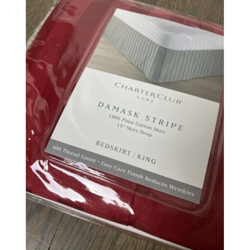 Charter Club Damask Stripe Bed Skirt King Cherry Red 15” Drop Pima Cotton New
